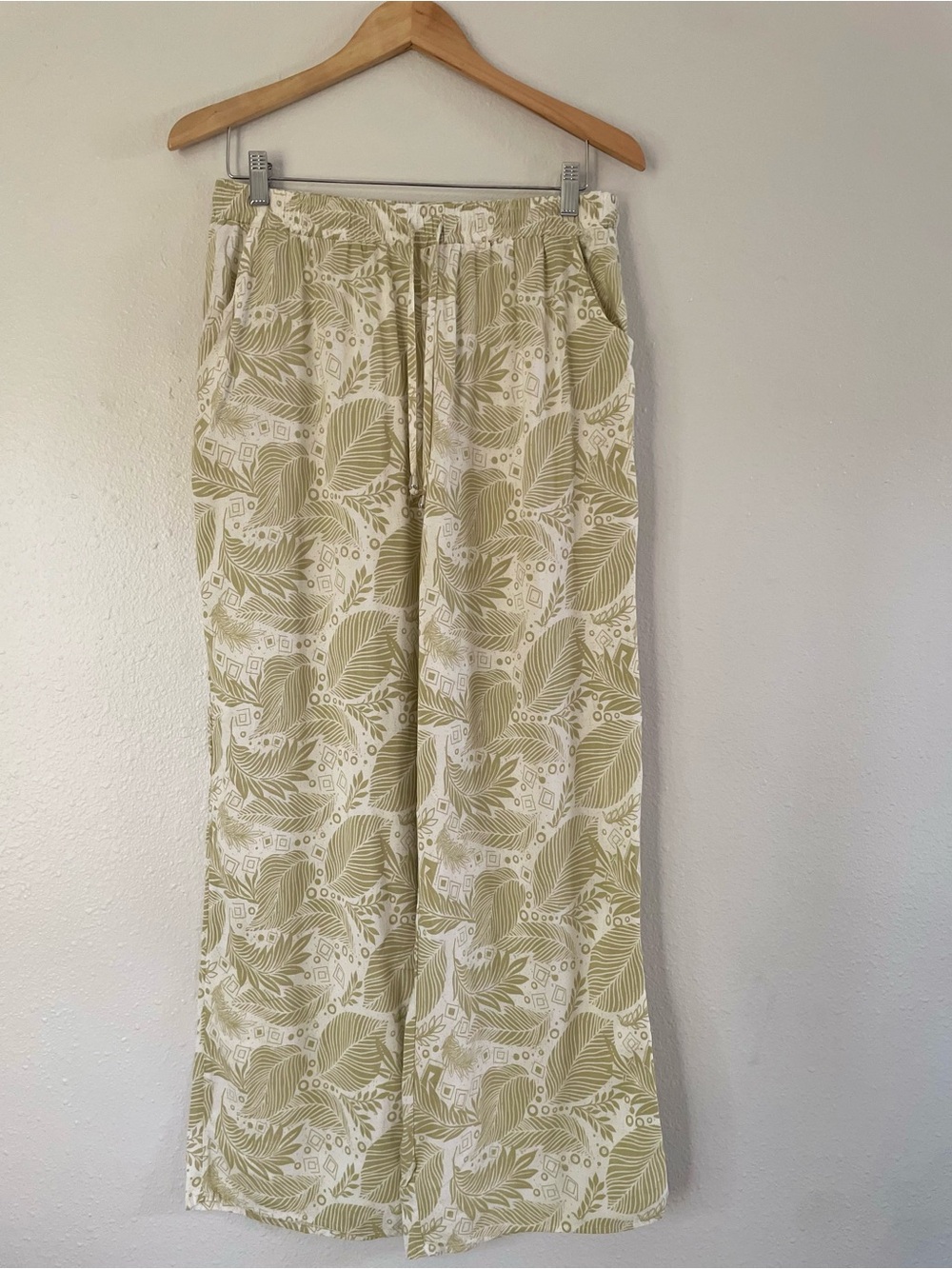 Love Wide Leg Pants in Olive Green and Cream Leaf Print